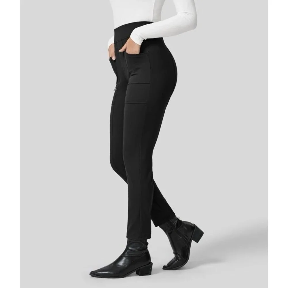 Halara Womens Medium Black High Waisted Pocket Zipper Darted Slim Pants Moto